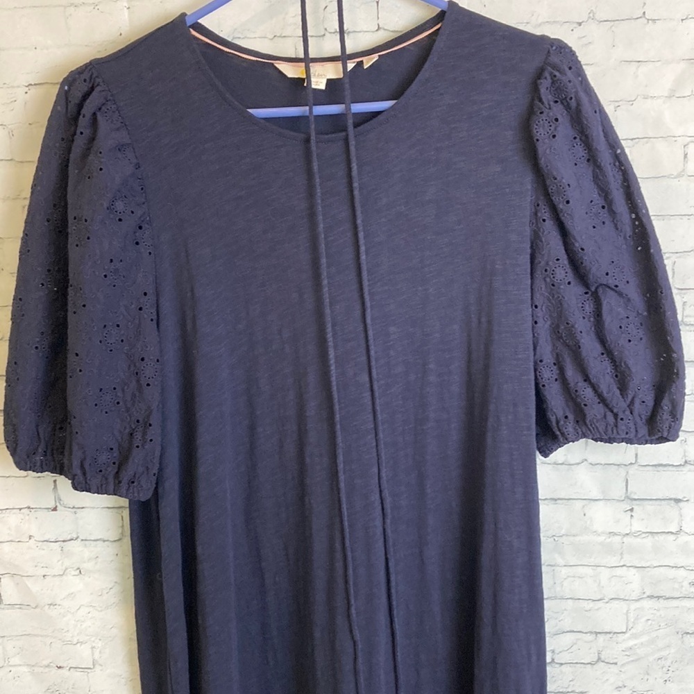Boden Broderie Mix Jersey Midi Dress 12 Navy Blue Cotton Eyelet Puff Sleeves - Picture 5 of 13